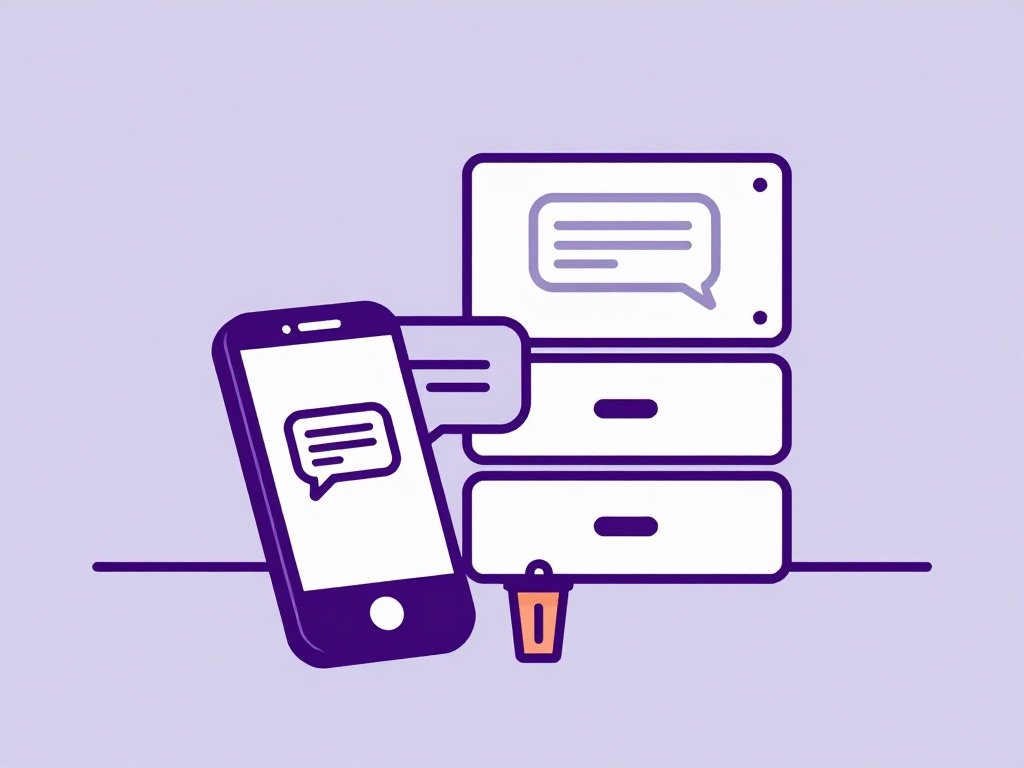 A phone showing a single chat bubble with a trash icon beside it, and behind it a stack of server drawers each still holding an identical copy of that bubble
