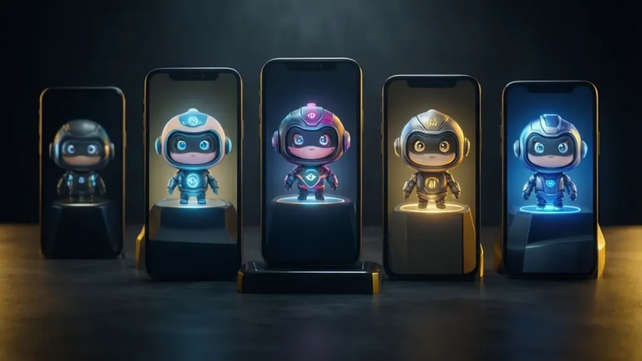 Several phones with different AI companion apps arranged like a ranking podium