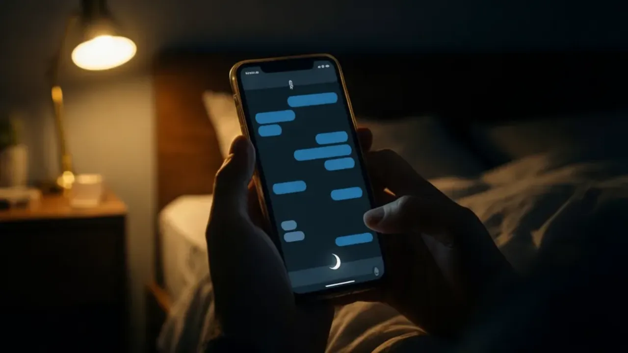 A private late-night chat with typing indicator in bedside lighting
