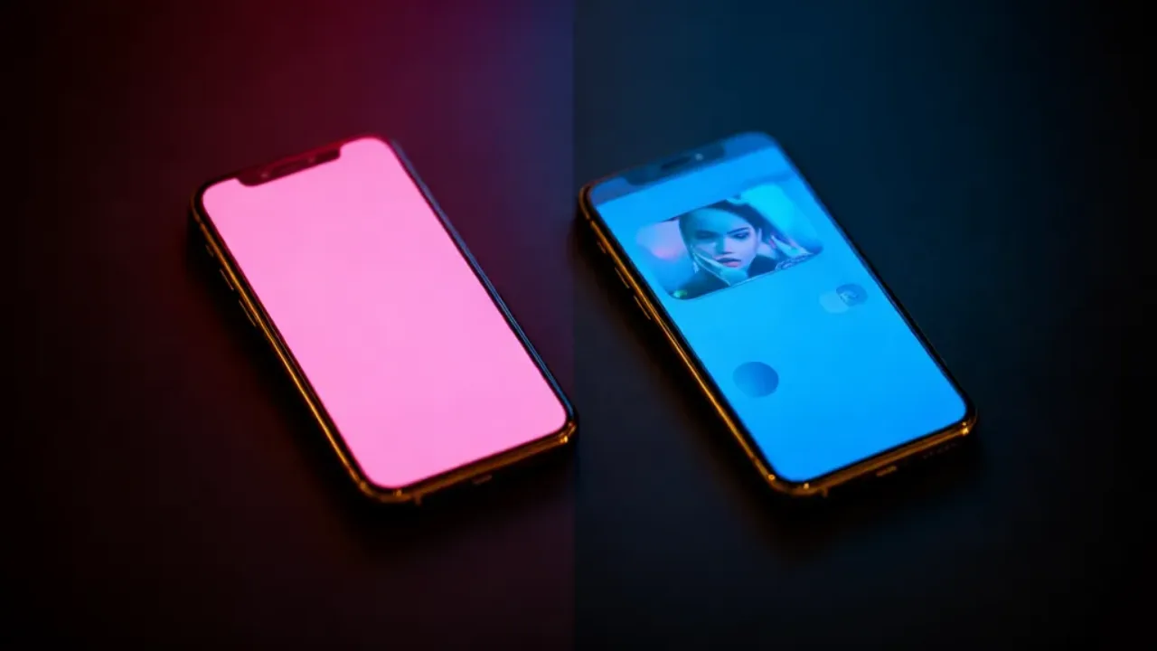 Two phones side by side with rival AI girlfriend apps under split lighting