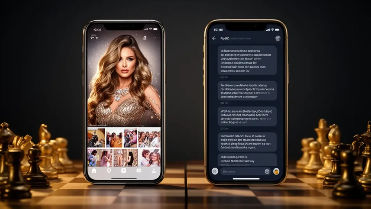 Two phones facing off: multimedia avatar gallery versus deep text conversation