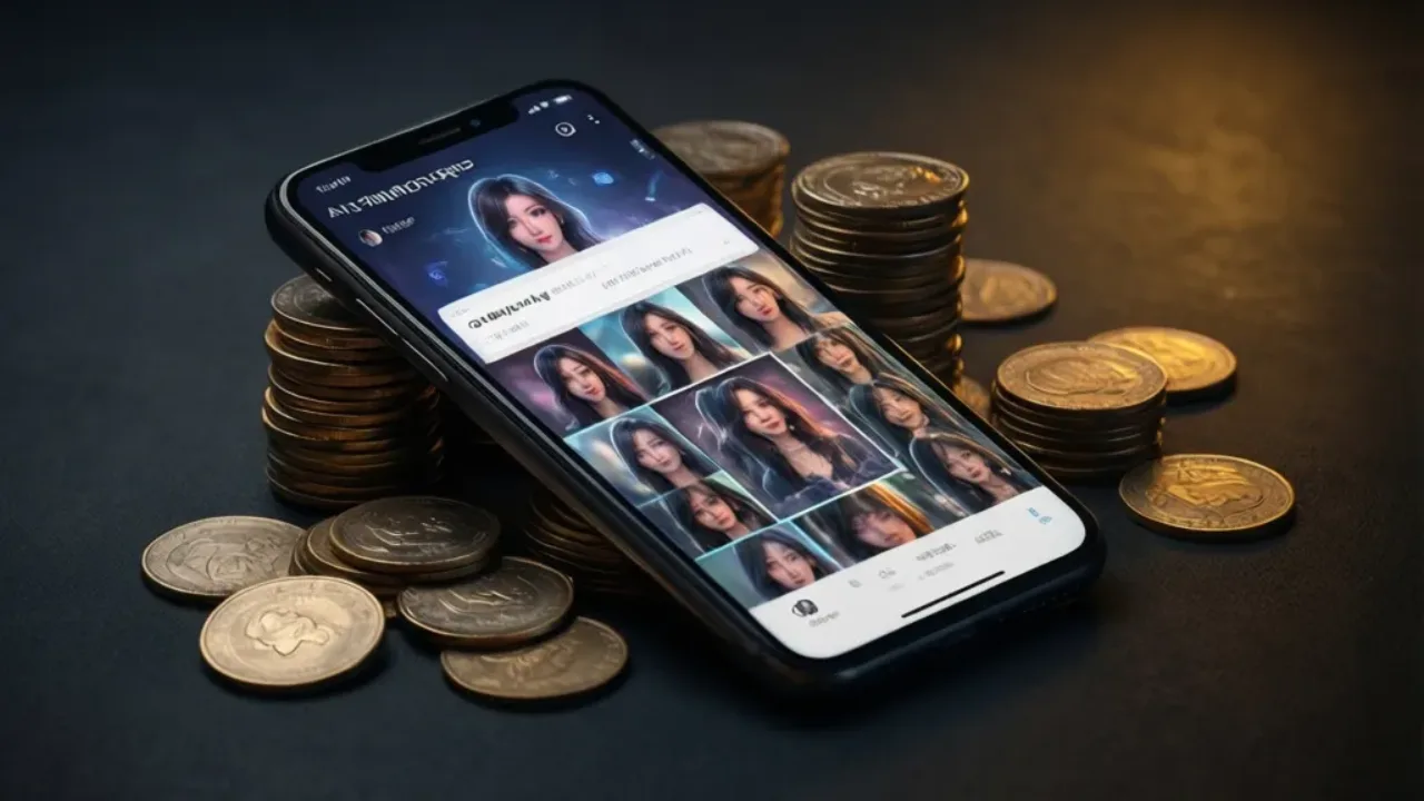 An AI girlfriend app photo gallery with token-based image generation