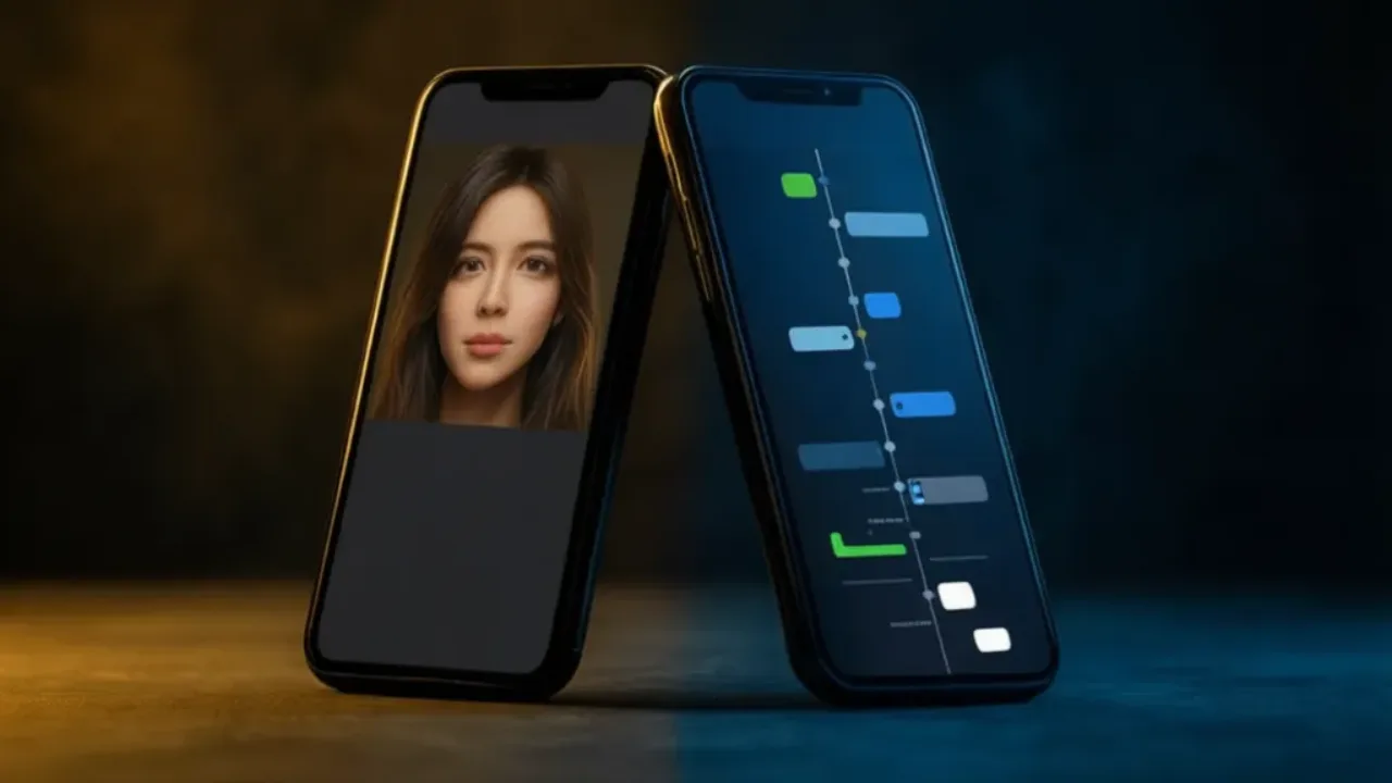 Two phones back to back: a lifelike avatar chat versus a memory timeline