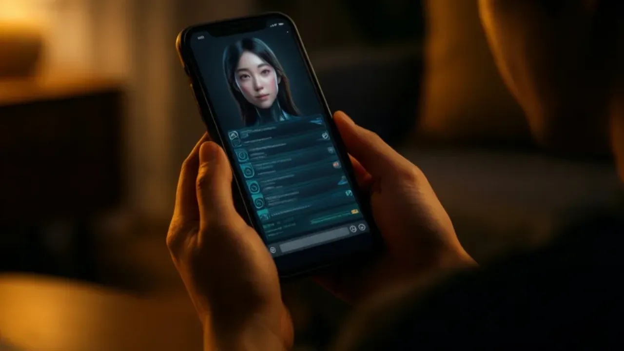 A lifelike AI companion chat thread on a phone in warm home lighting