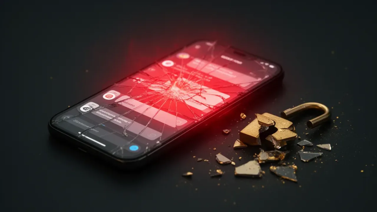 A cracked phone with a shattered padlock — the data-breach risk at the center of Muah AI's story