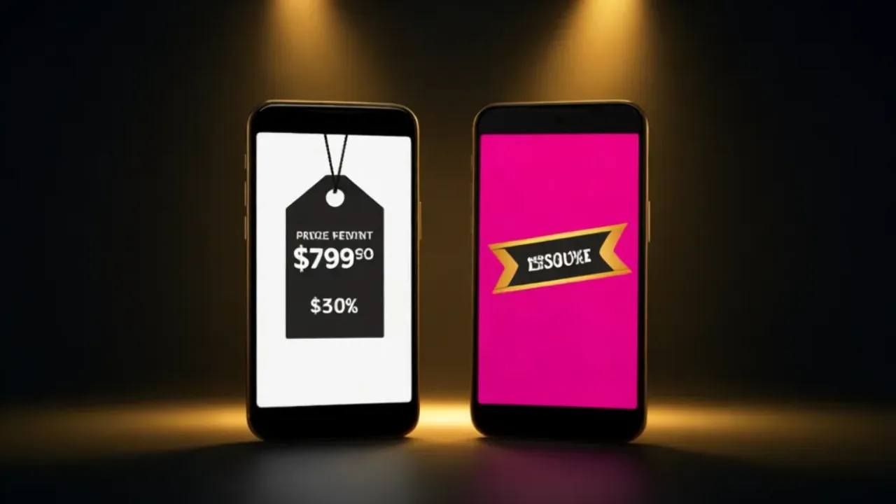 Two phones compared: a clear price tag versus a discount-banner paywall